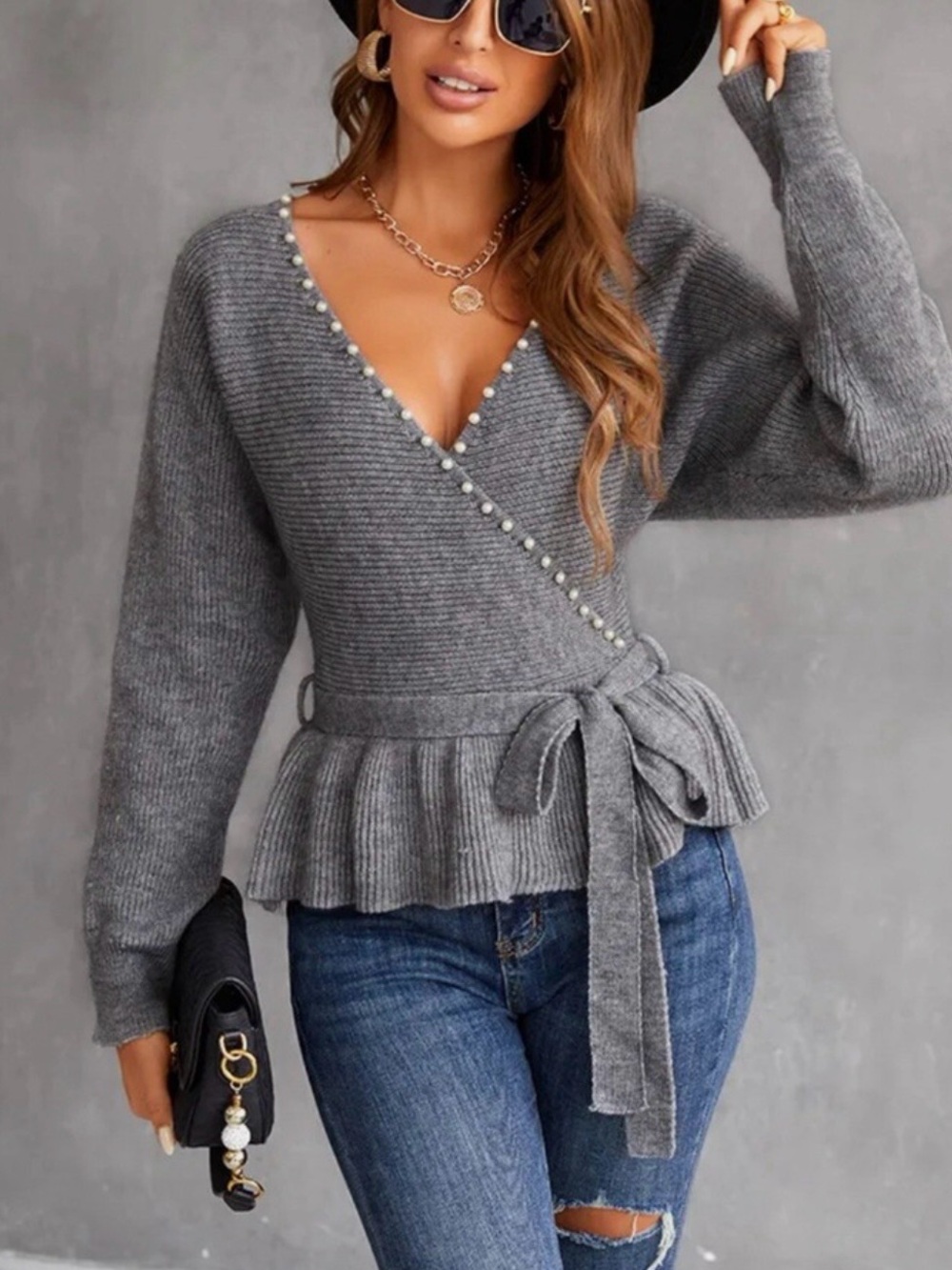 Cupshe Ennis Belted Grey Wrap Peplum Faux Pearl Trim Sweater Small